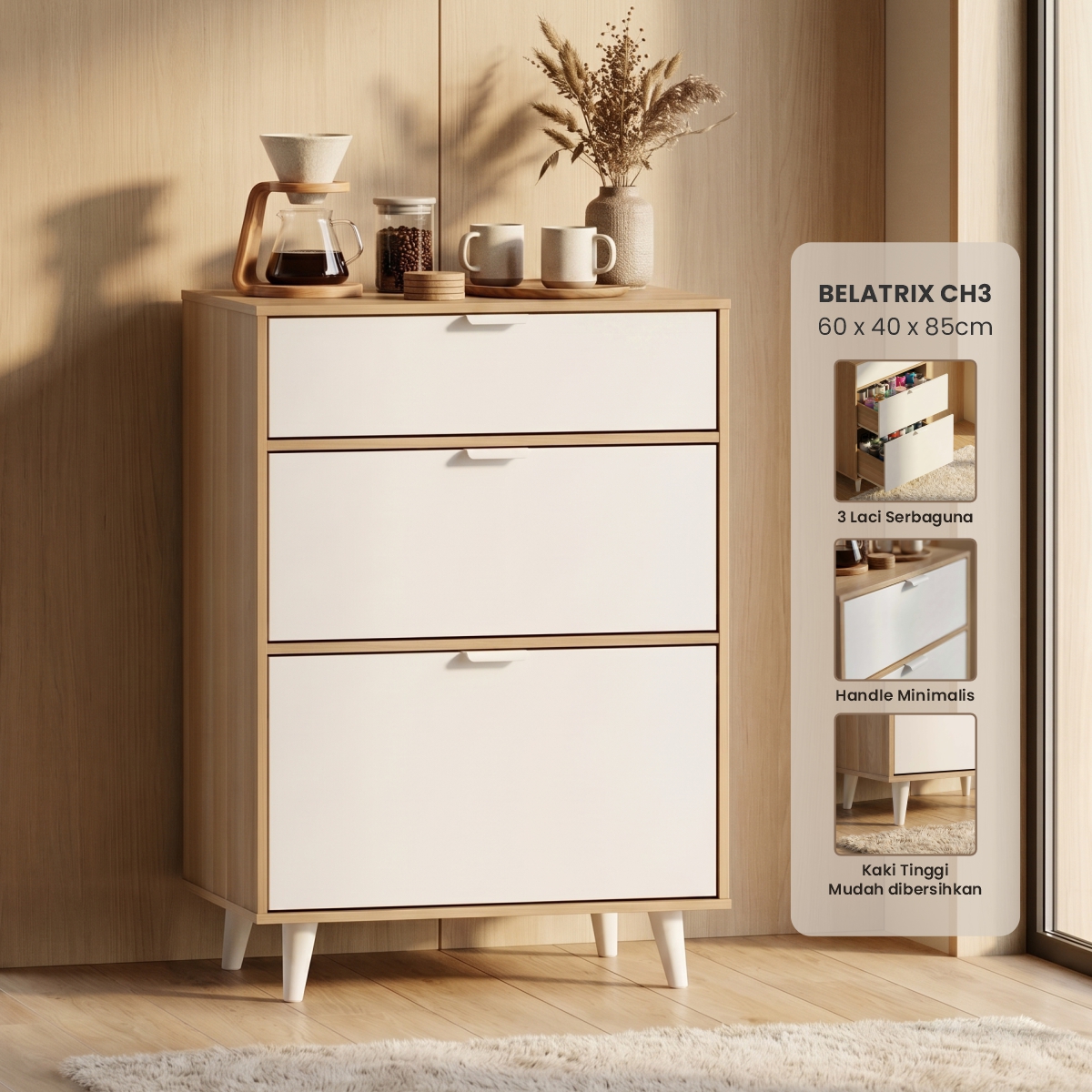 PIRA METROPOLIS OX - BELATRIX CH3 LEMARI LACI / DRAWER / LEMARI SUSUN warna PRO OAK - WHITE - PIRA METROPOLIS - foto 1