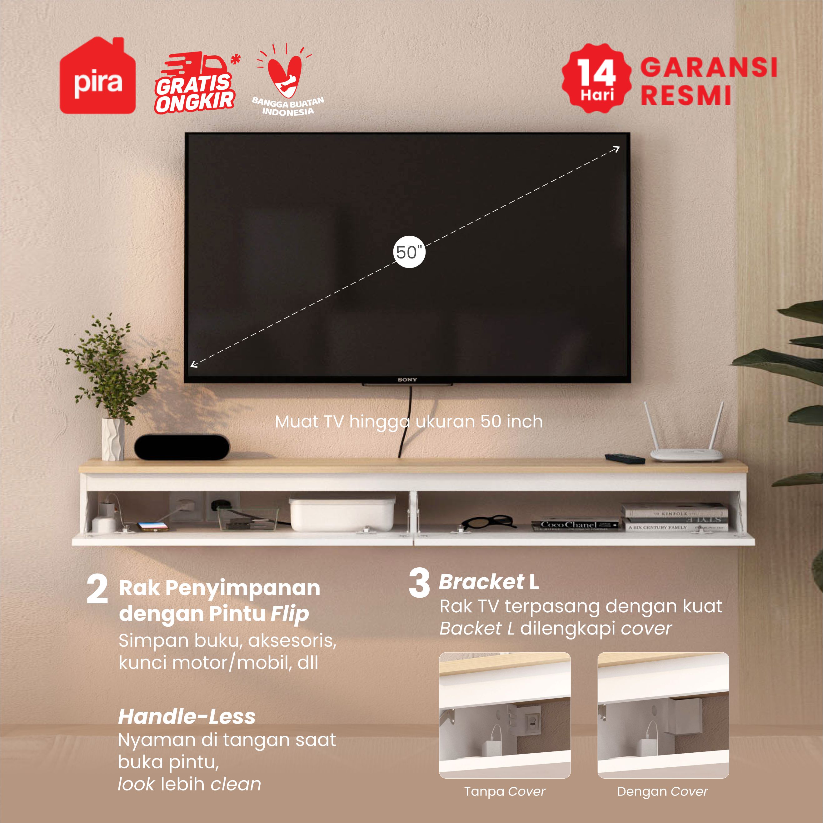 PIRA - LINUS TVG120 MEJA TV / MEJA TV GANTUNG / RAK TV GANTUNG / LEMARI TV GANTUNG warna WHITE SM - PRO OAK - PIRA - foto 2