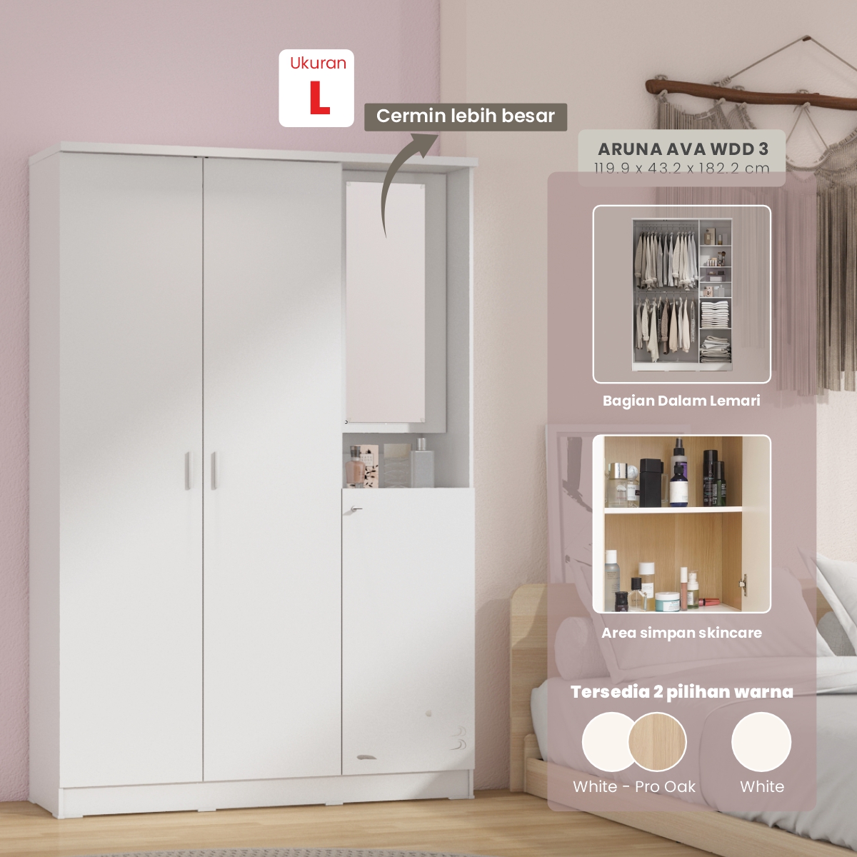 PIRA METROPOLIS OX - ARUNA AVA WDD 3 LEMARI PAKAIAN 3 PINTU DENGAN KACA RIAS warna WHITE - PIRA METROPOLIS OX - foto 1