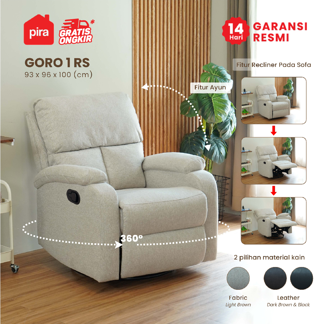 PIRA - GORO 1 RS SOFA / SOFA RECLINER / SOFA RECLINER 1 SEATER DENGAN FITUR ROCKING (AYUN) DAN SWIVEL warna LIGHT BROWN - PIRA - foto 1