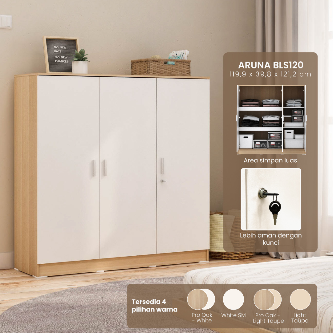 PIRA METROPOLIS OX - ARUNA BLS120 LEMARI PAKAIAN 3 PINTU FULL RAK warna PRO OAK - WHITE - PIRA METROPOLIS OX - foto 1