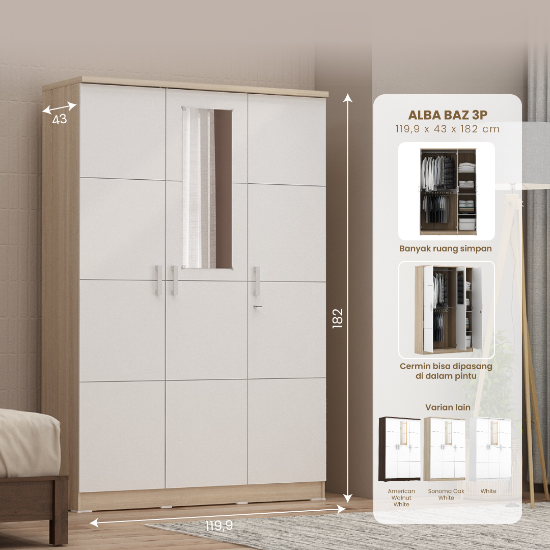 PIRA METROPOLIS - ALBA BAZ 3P LEMARI PAKAIAN 3 PINTU warna SONOMA OAK - WHITE - METROPOLIS - foto 1