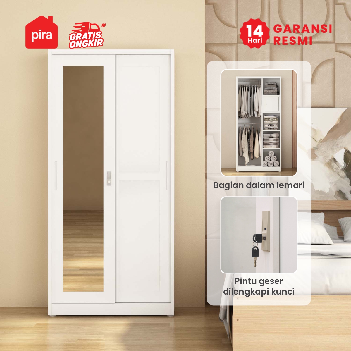 PIRA - SCHON 90A MWDSL LEMARI PAKAIAN BESI SLIDING / PINTU GESER warna WHITE - PIRA - foto 2