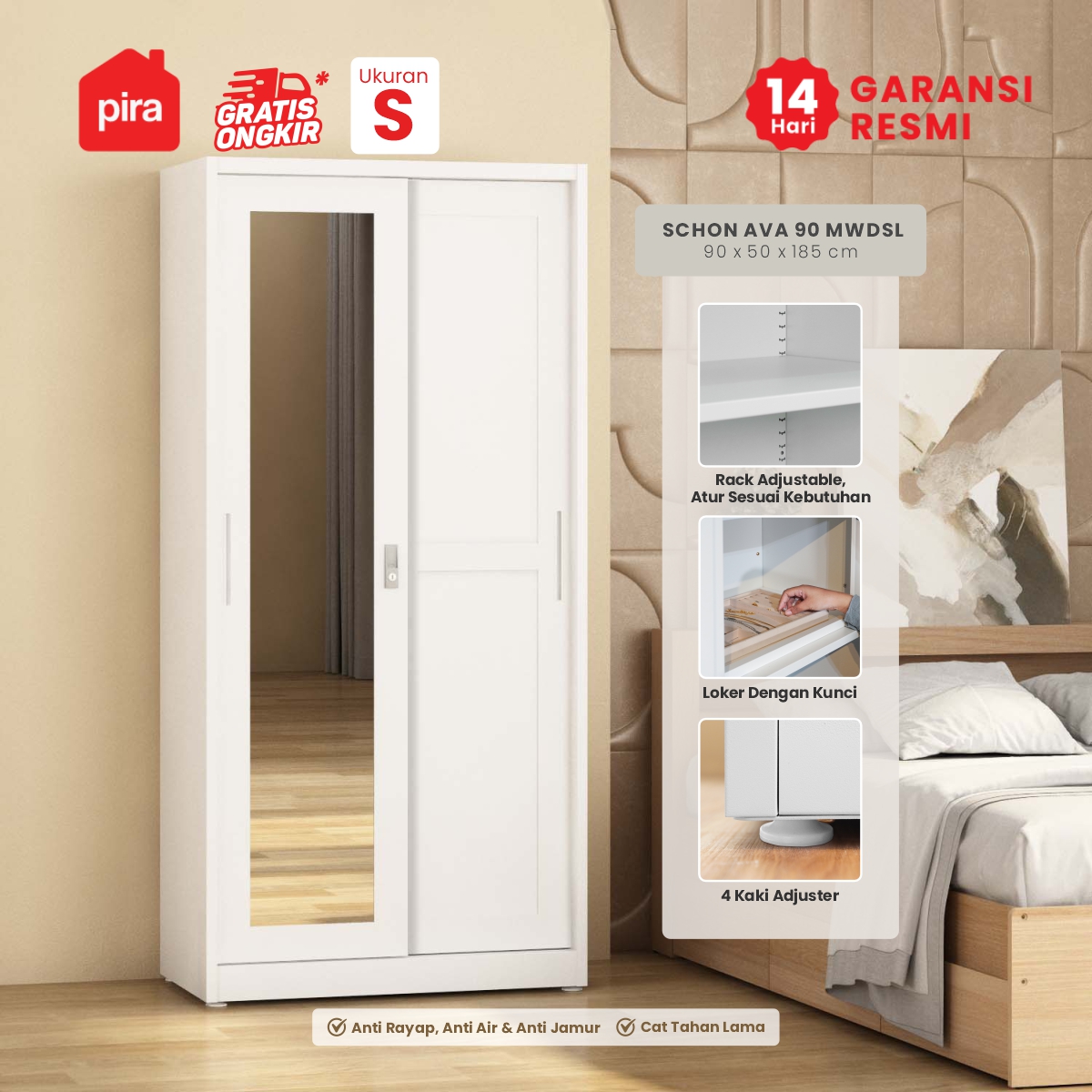 PIRA - SCHON AVA 90 MWDSL LEMARI PAKAIAN BESI SLIDING / PINTU GESER warna WHITE - PIRA - foto 1