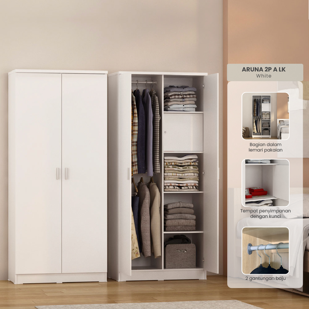 PIRA - ARUNA 2P A LK LEMARI PAKAIAN 2 PINTU / LEMARI BAJU DENGAN LOKER PENYIMPANAN warna WHITE - PRODESIGN - foto 1