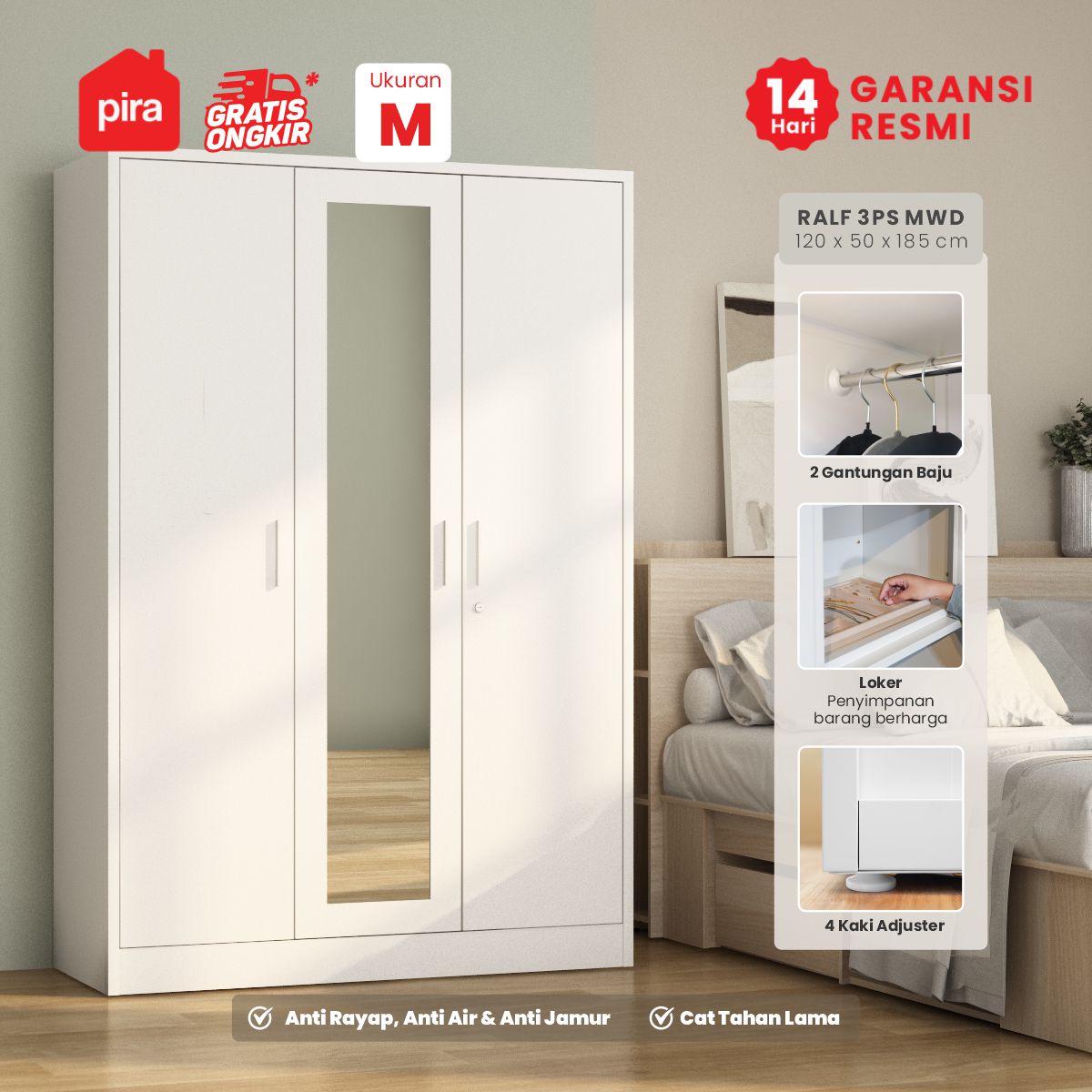 PIRA OX - RALF 3PS MWD LEMARI PAKAIAN BESI 3 PINTU FULL RAK DENGAN CERMIN warna WHITE - LIGHT GREY - PIRA - foto 1