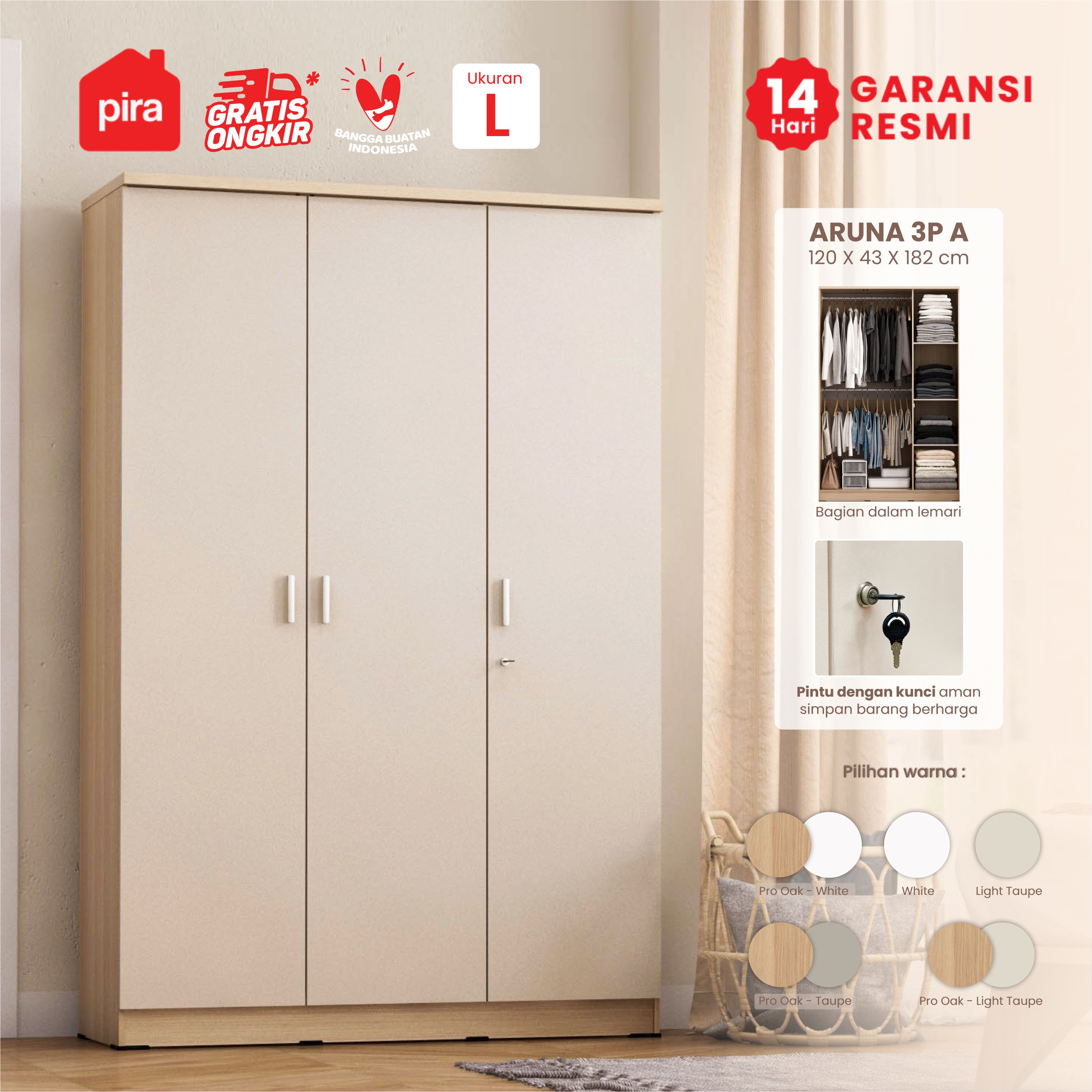 PIRA METROPOLIS OX - ARUNA 3P A LEMARI PAKAIAN 3 PINTU warna PRO OAK - LIGHT TAUPE - PIRA METROPOLIS - foto 1