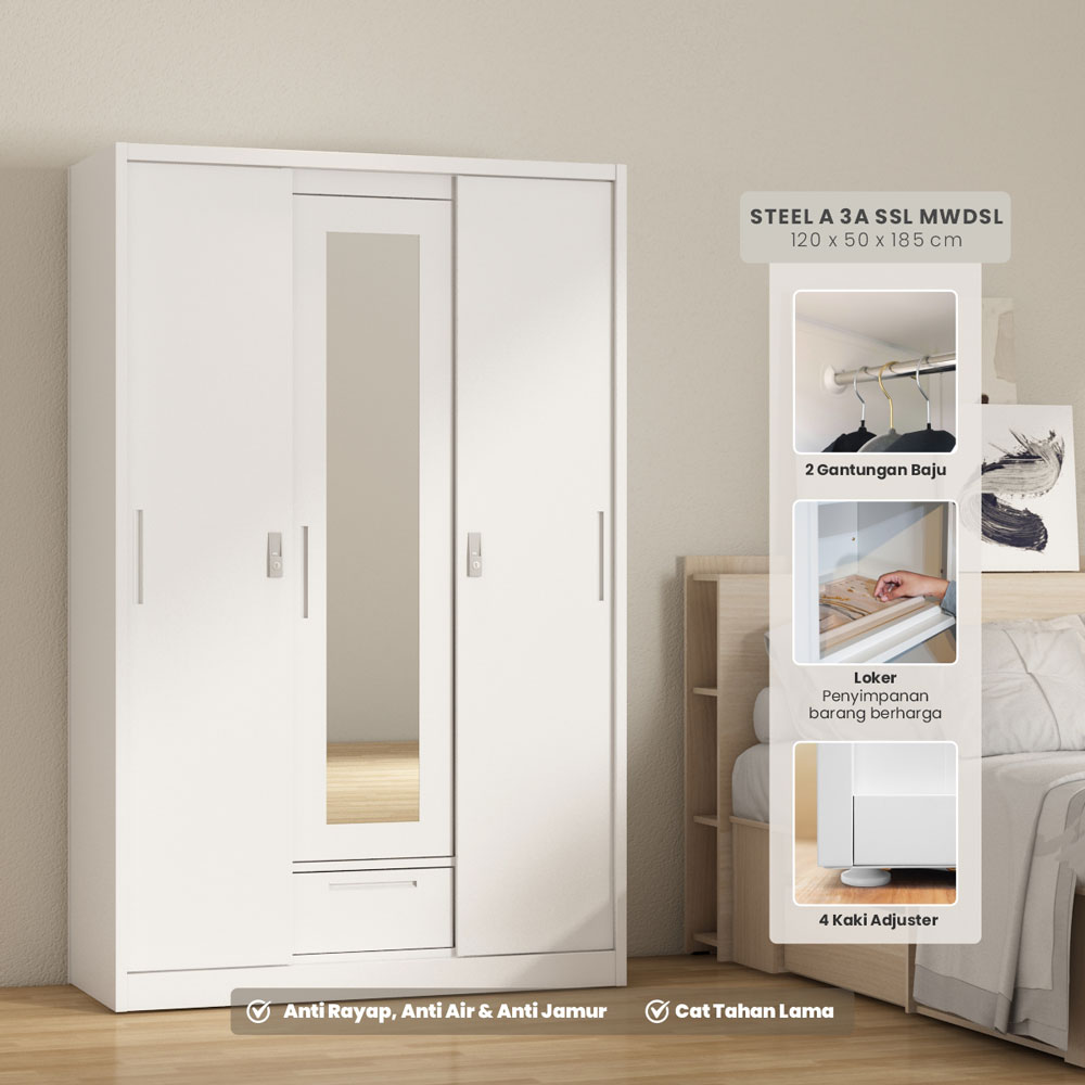 PIRA -  STEEL A 3A N SSL MWD LEMARI PAKAIAN BESI 3 PINTU SLIDING / PINTU GESER warna WHITE - PIRA - foto 1