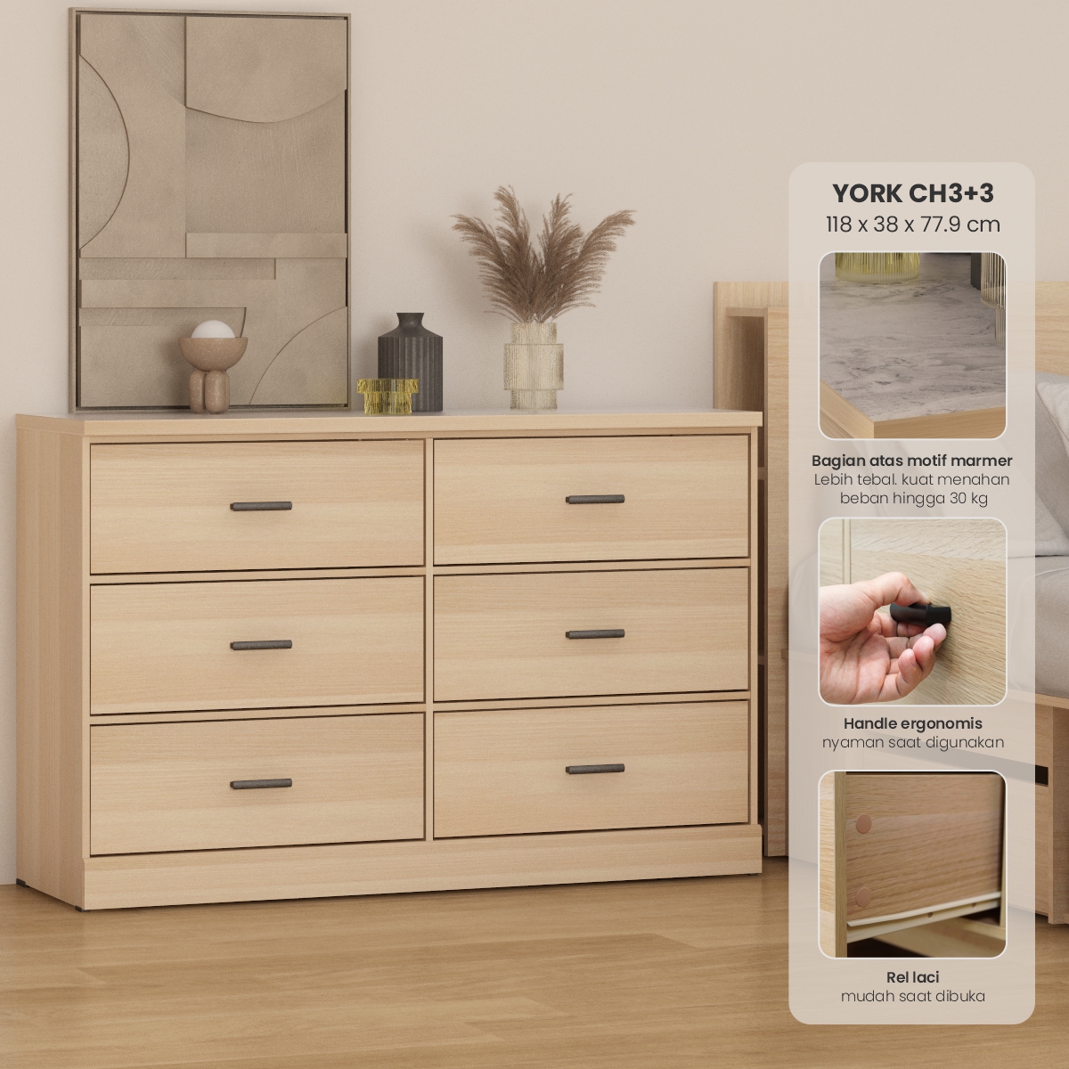 PIRA METROPOLIS - YORK CH3+3 LEMARI LACI 3+3 SUSUN / DRAWER / CHEST DRAWER warna PRO OAK - WHITE MARBLE - PIRA METROPOLIS - foto 1