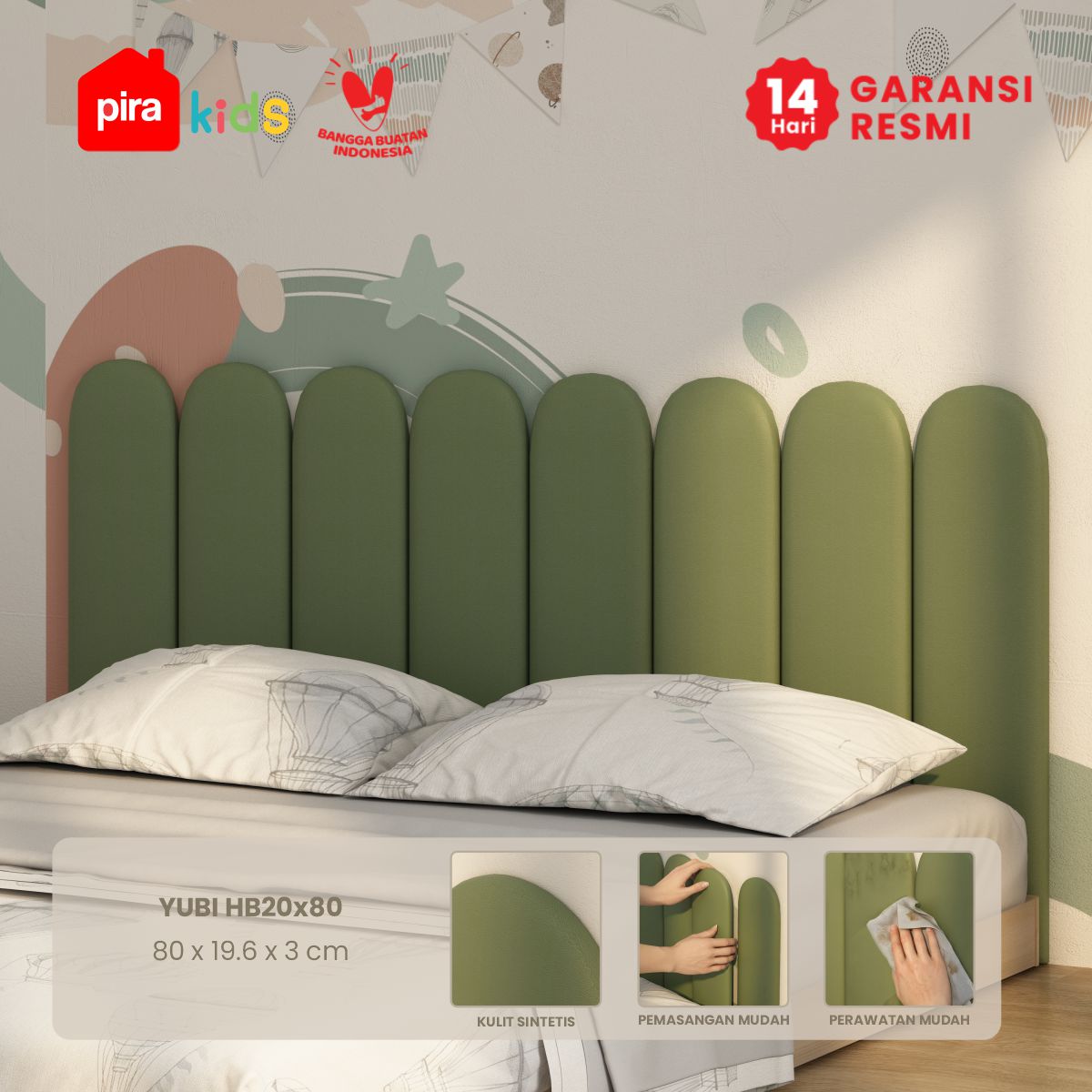 PIRA KIDS - YUBI HB20X80 HEADBOARD KASUR / WALL PANEL 3D / WALLPAPER FOAM 3D / SANDARAN BERMAIN ANAK 1 PCS warna GREEN - PIRA KIDS - foto 1