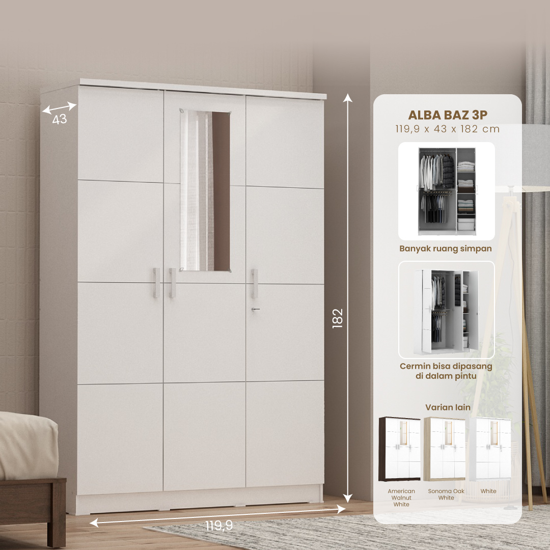 PIRA METROPOLIS -  ALBA BAZ 3P LEMARI PAKAIAN 3 PINTU warna WHITE - METROPOLIS - foto 1
