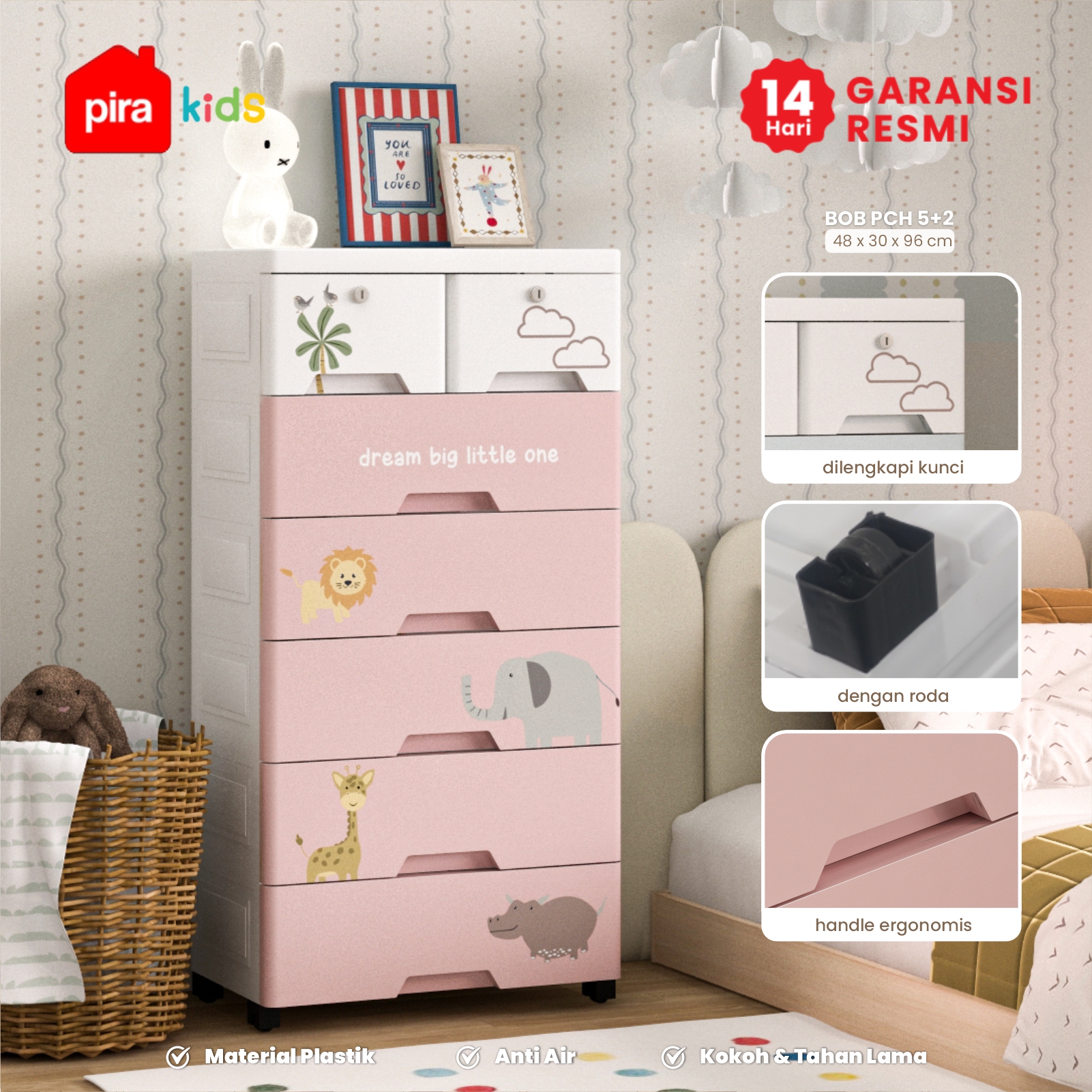 PIRA KIDS - BOB PCH5+2 LEMARI LACI PLASTIK / LEMARI PLASTIK / DRAWER PLASTIK / LEMARI BAYI / LEMARI PAKAIAN ANAK warna PINK - PIRA KIDS - foto 1