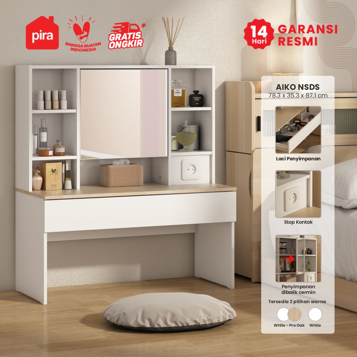 PIRA METROPOLIS - AIKO NSDS MEJA RIAS LESEHAN DENGAN COLOKAN LISTRIK warna WHITE - PRO OAK - PIRA METROPOLIS - foto 1