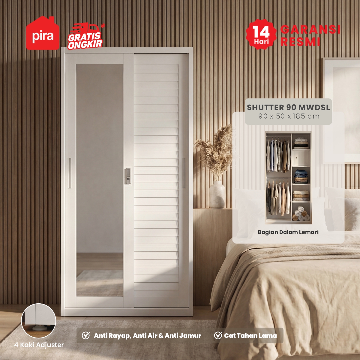 PIRA - SHUTTER 90 MWDSL LEMARI PAKAIAN BESI SLIDING / PINTU GESER warna WHITE - PIRA - foto 2