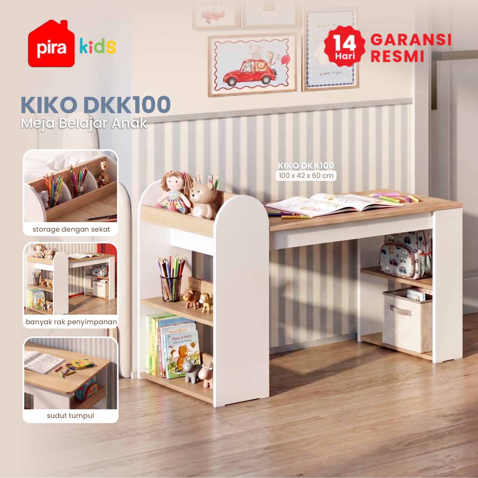 PIRA KIDS -  KIKO DKK100 MEJA BELAJAR ANAK DENGAN RAK BUKU warna WHITE SM - PRO OAK - PIRA KIDS - foto 2