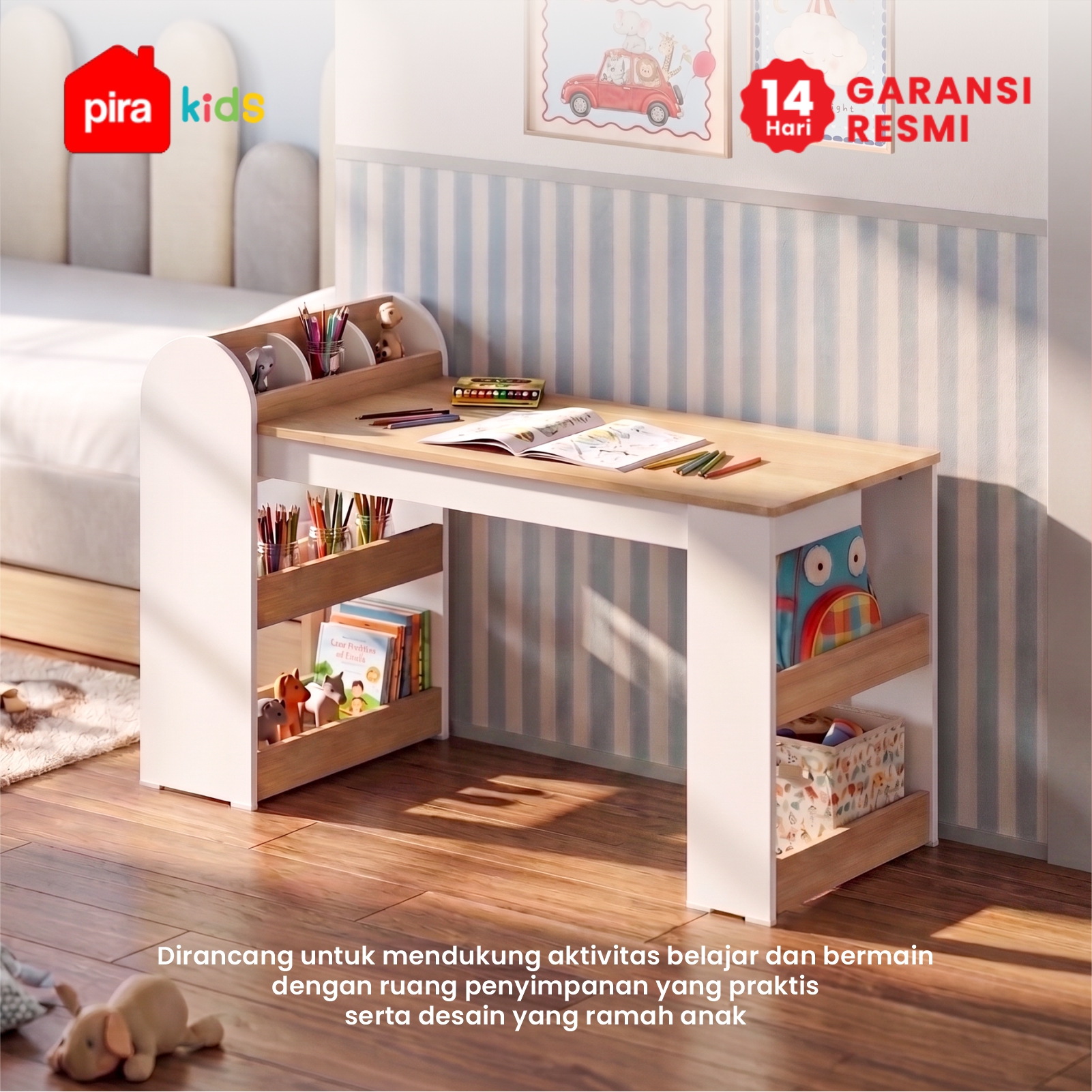 PIRA KIDS -  KIKO DKK100 MEJA BELAJAR ANAK DENGAN RAK BUKU warna WHITE SM - PRO OAK - PIRA KIDS - foto 3