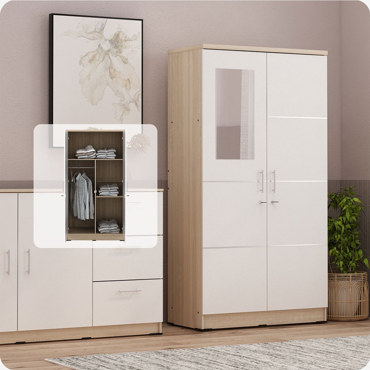 PIRA METROPOLIS - ALBA 2PM LT LEMARI PAKAIAN MEDIUM 2 PINTU warna SONOMA OAK - WHITE - WHITE - METROPOLIS - foto 2