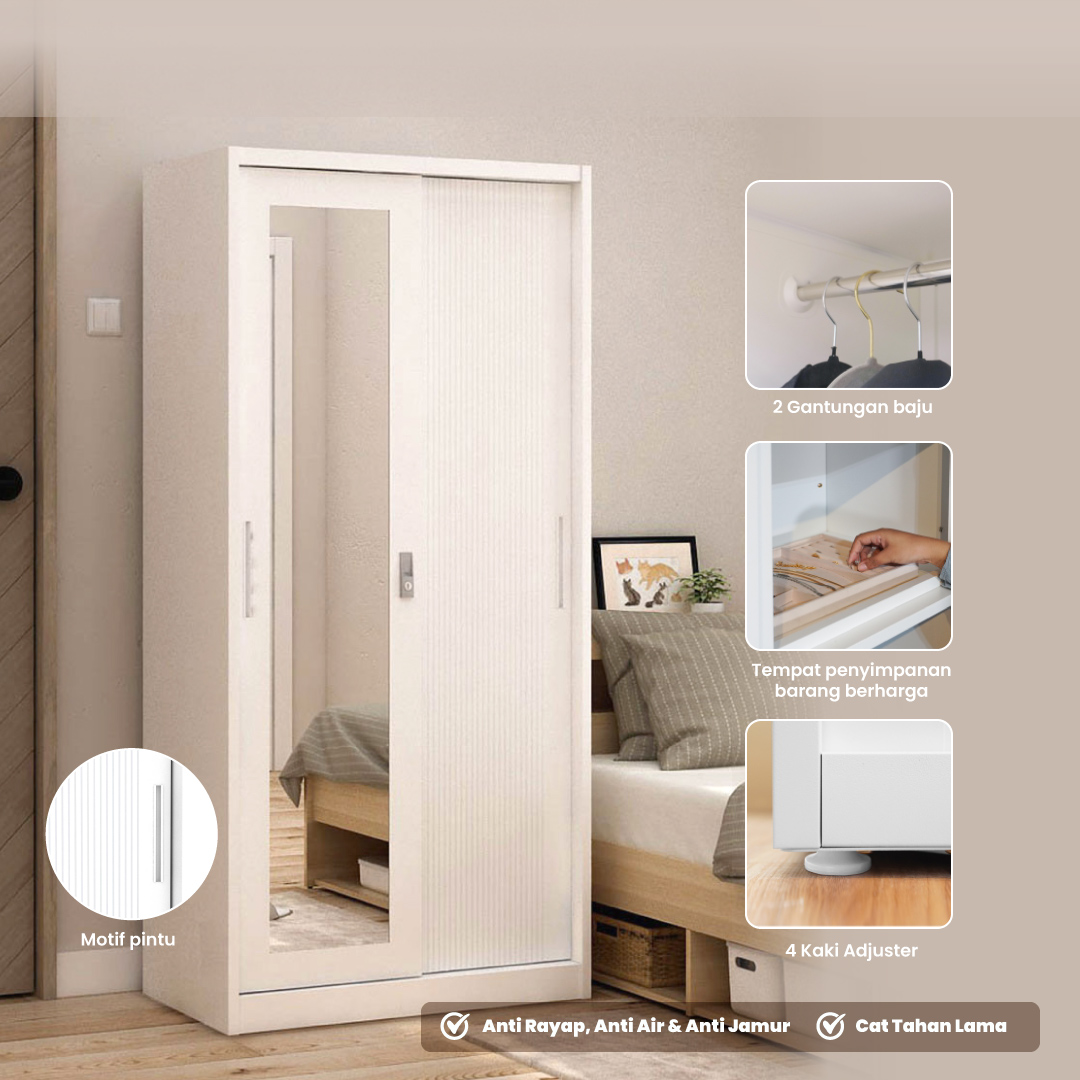 PIRA - LINIO 90A N MWDSL LEMARI PAKAIAN BESI SLIDING / PINTU GESER warna WHITE - PIRA - foto 1