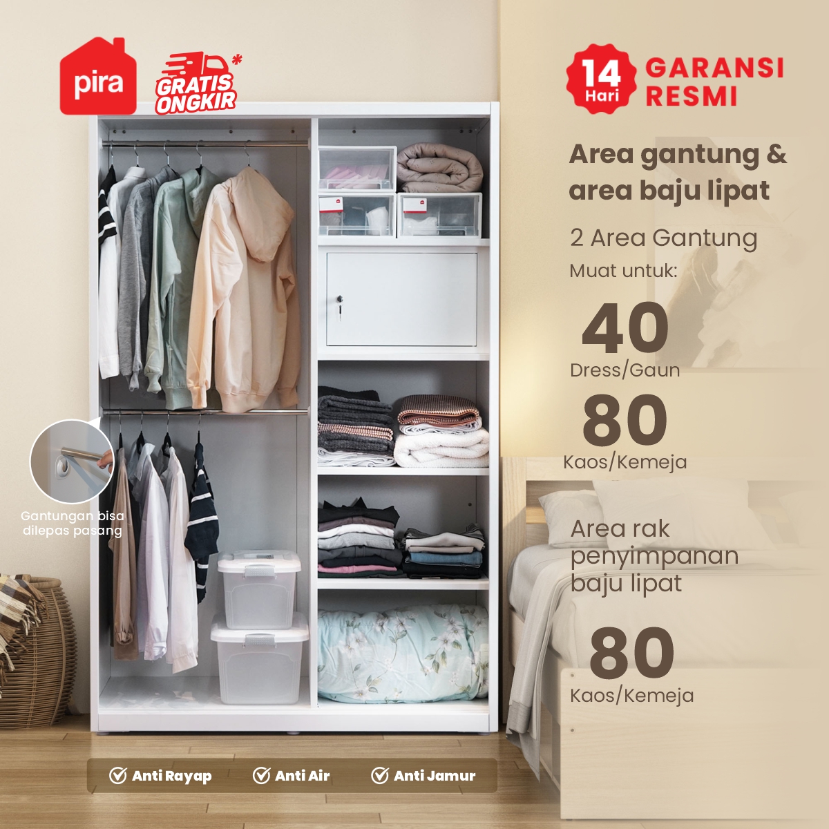 PIRA - LINIO AVA 120 MWDSL LEMARI PAKAIAN BESI SLIDING / PINTU GESER warna WHITE - PIRA - foto 2