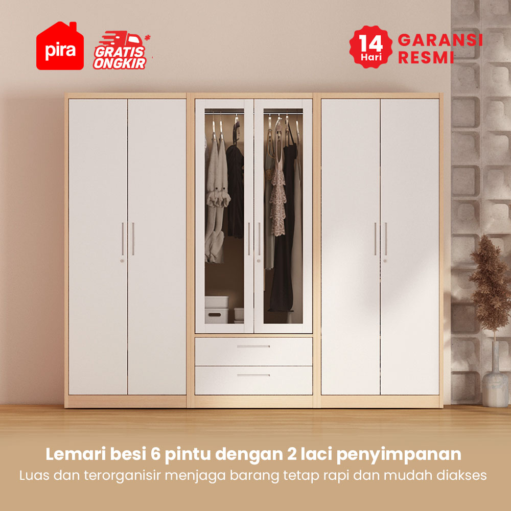 PIRA - ASHTON 6P FGD MWD LEMARI PAKAIAN BESI 6 PINTU DENGAN LACI DAN LED warna LIGHT ASH - WHITE - PIRA - foto 2