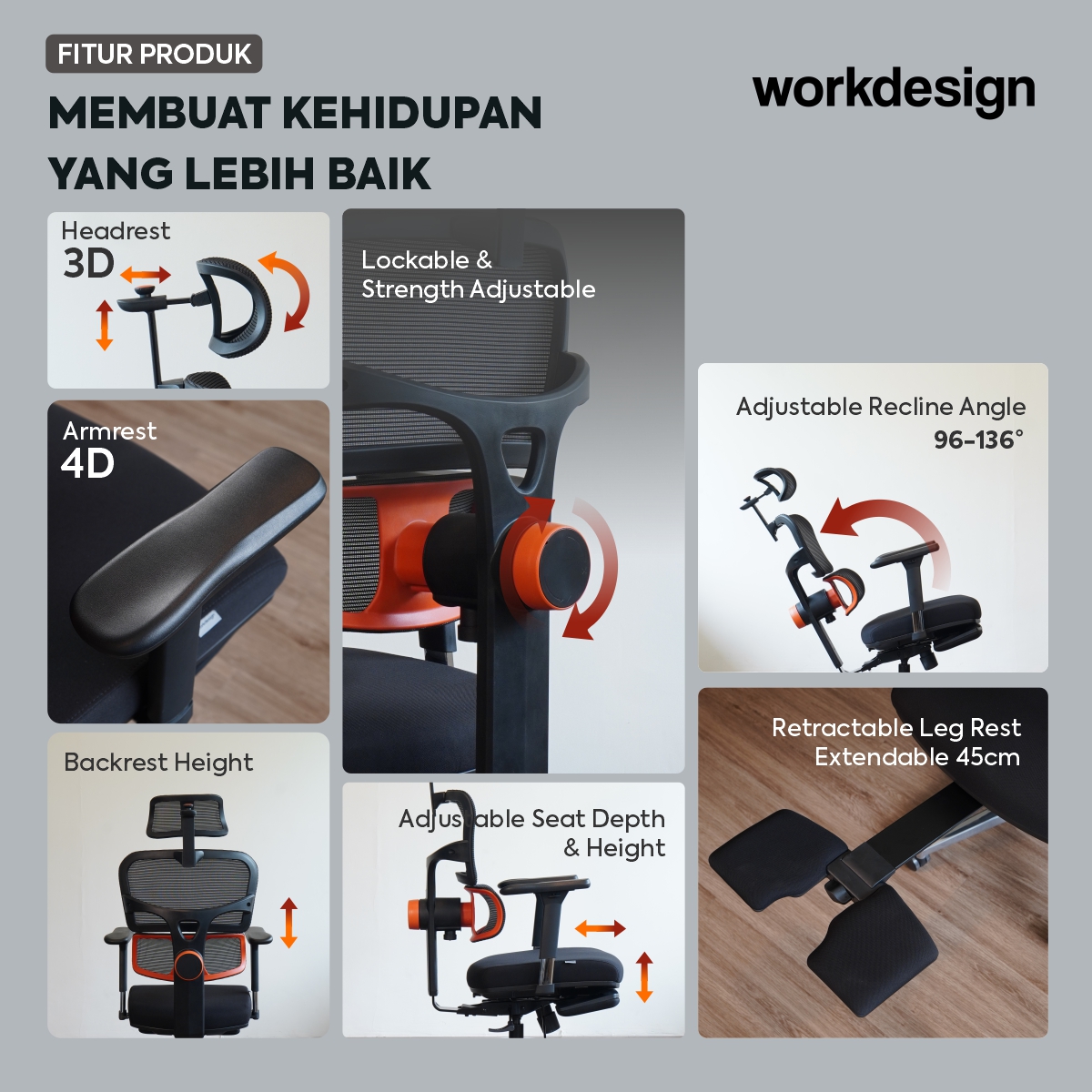 WORKDESIGN ANISEYA PC KURSI KANTOR / KURSI KERJA ERGONOMIS DENGAN LUMBAR SUPPORT warna BLACK - WORKDESIGN - foto 3