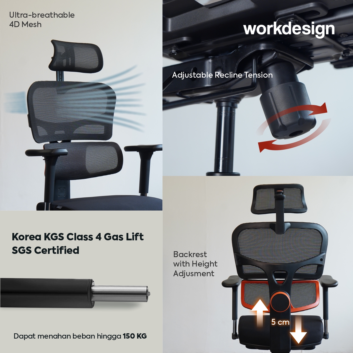 WORKDESIGN ANISEYA PC KURSI KANTOR / KURSI KERJA ERGONOMIS DENGAN LUMBAR SUPPORT warna BLACK - WORKDESIGN - foto 4