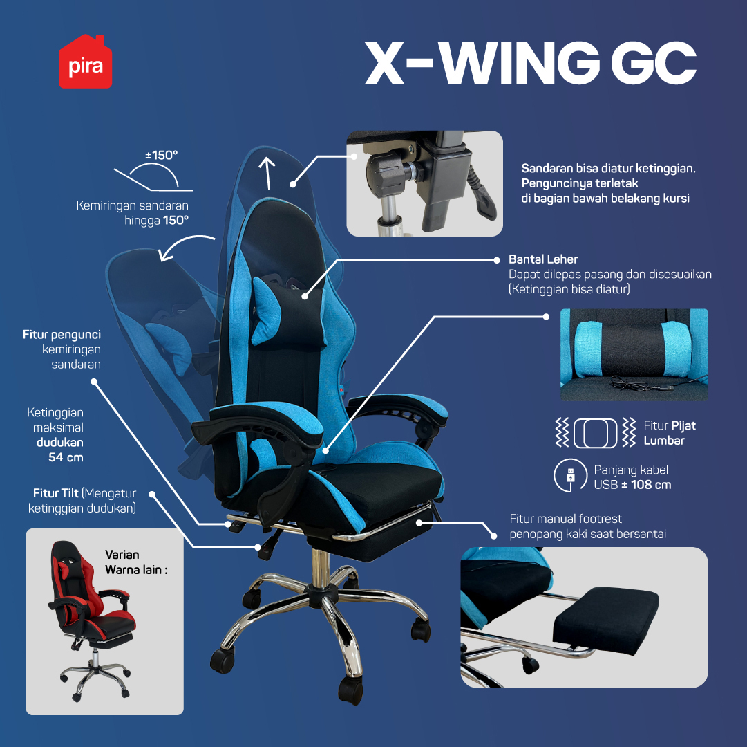 PIRA -  X-WING GC KURSI GAMING DENGAN SANDARAN KAKI DAN FITUR MASSAGE / PIJAT warna BLACK-TURQUOISE - PIRA - foto 2