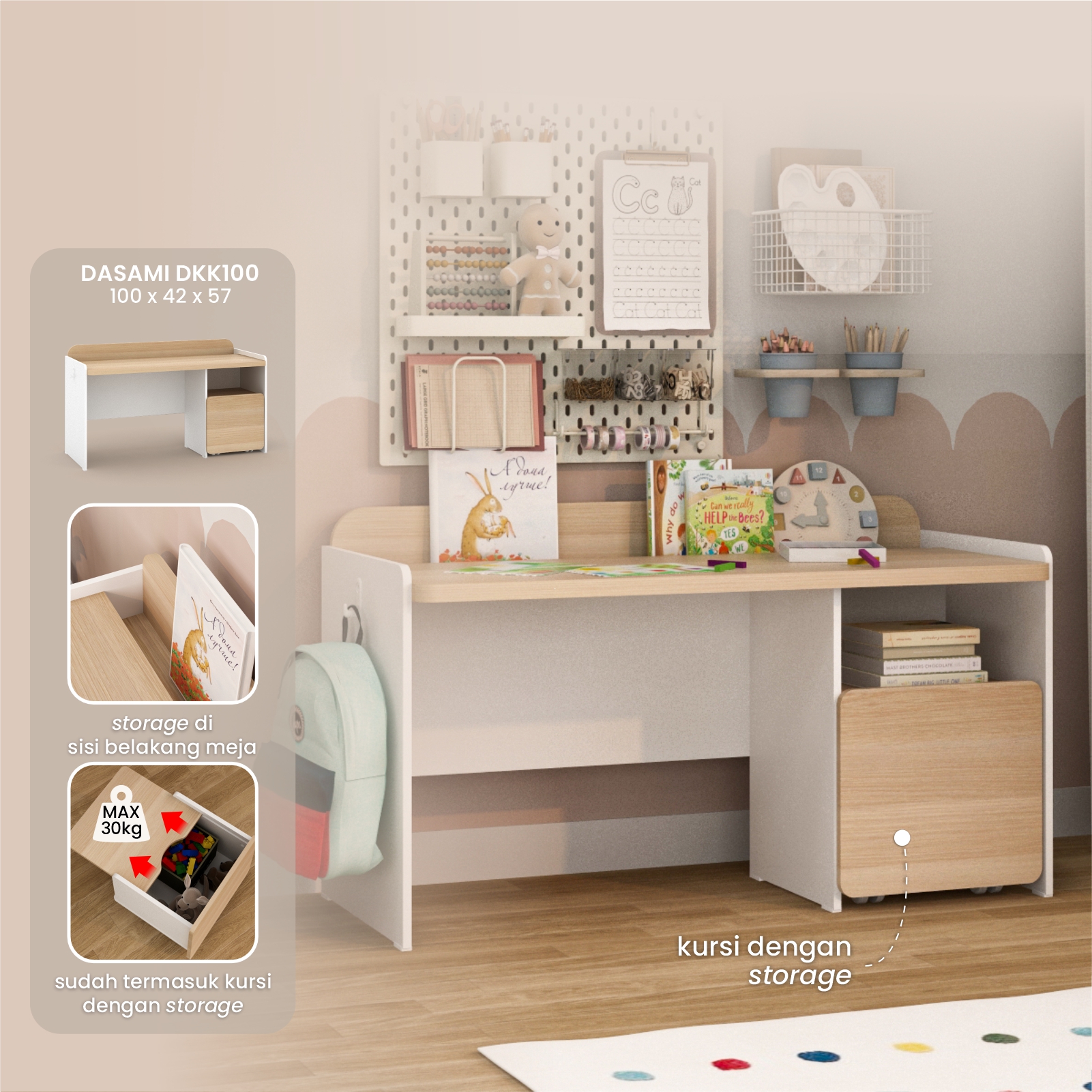 PIRA KIDS - DASAMI DKK100 MEJA BELAJAR ANAK DENGAN RAK BUKU warna PRO OAK - WHITE SM - PIRA KIDS - foto 1