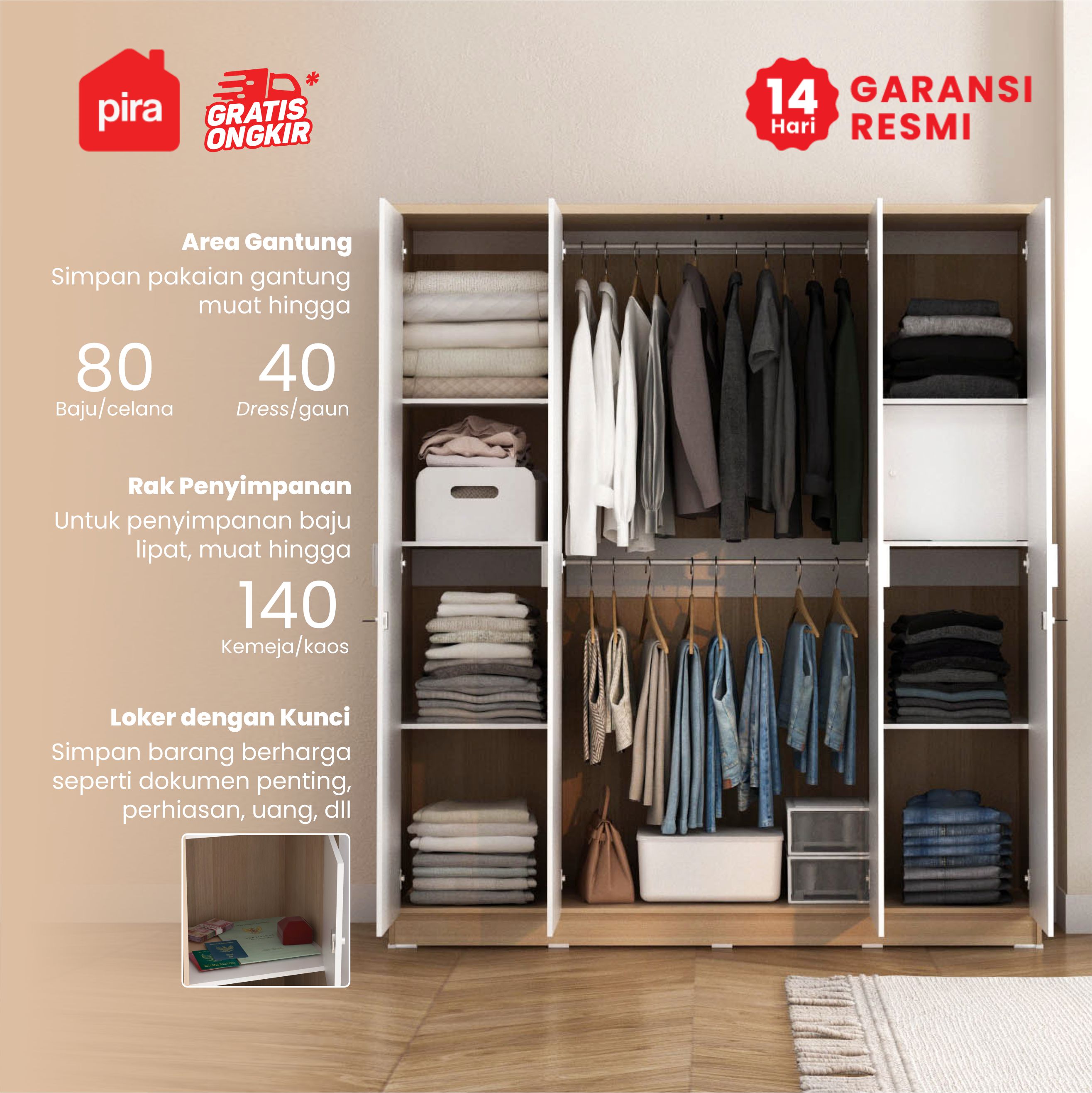 PIRA METROPOLIS OX - ARUNA 4P A LK LEMARI PAKAIAN 4 PINTU / LEMARI BAJU DENGAN LOKER PENYIMPANAN warna PRO OAK - WHITE - PIRA METROPOLIS OX - foto 2