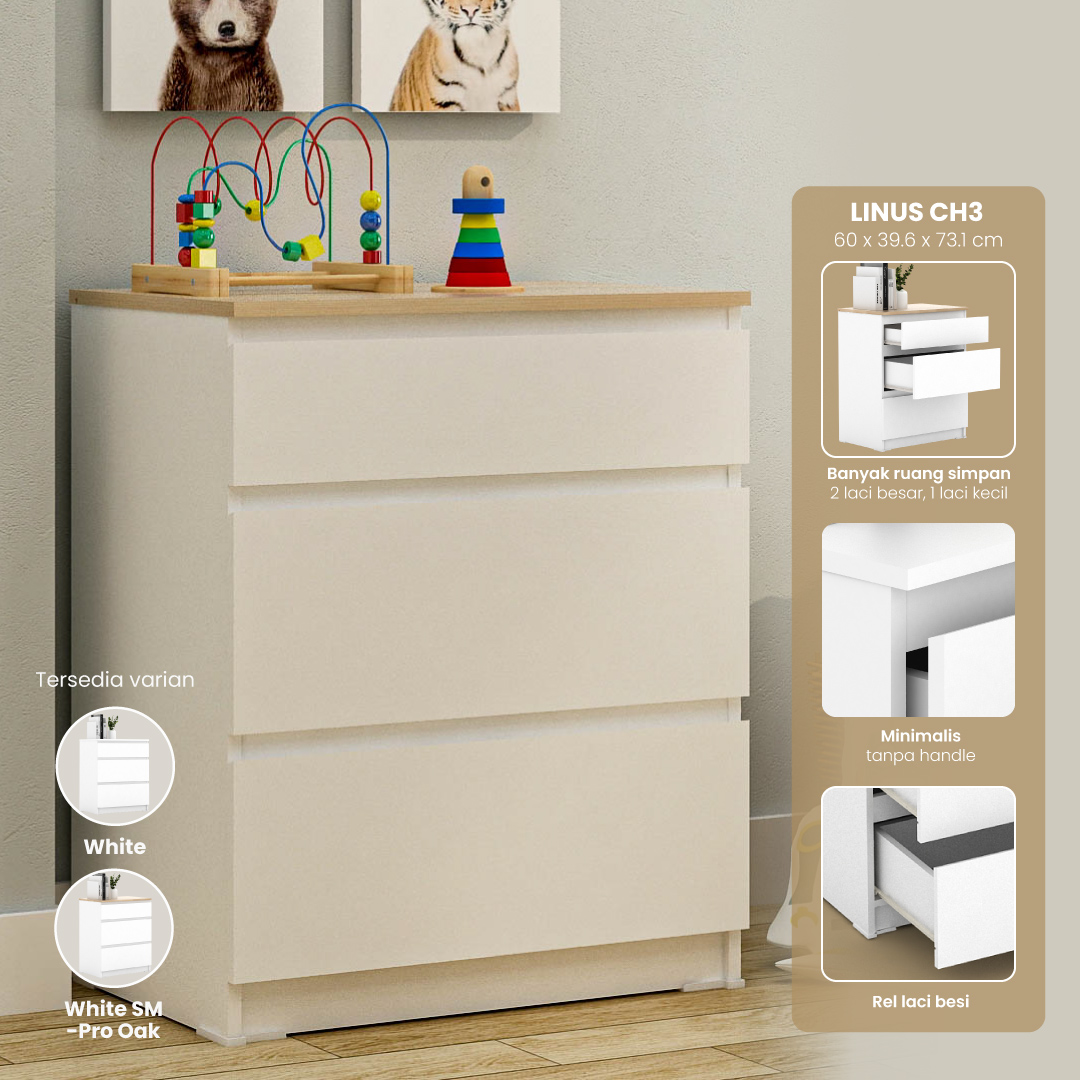 PIRA -  LINUS CH3 LEMARI LACI warna WHITE SM - PRO OAK - PIRA - foto 1