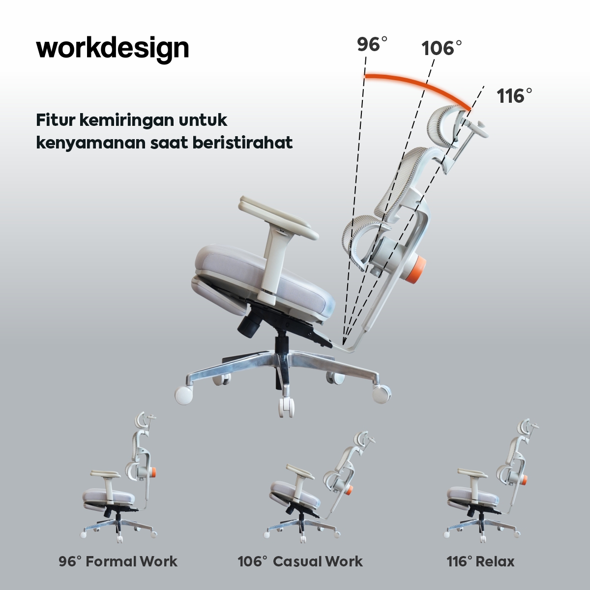 WORKDESIGN ANISEYA PC KURSI KANTOR / KURSI KERJA ERGONOMIS DENGAN LUMBAR SUPPORT warna GREY - WORKDESIGN - foto 7