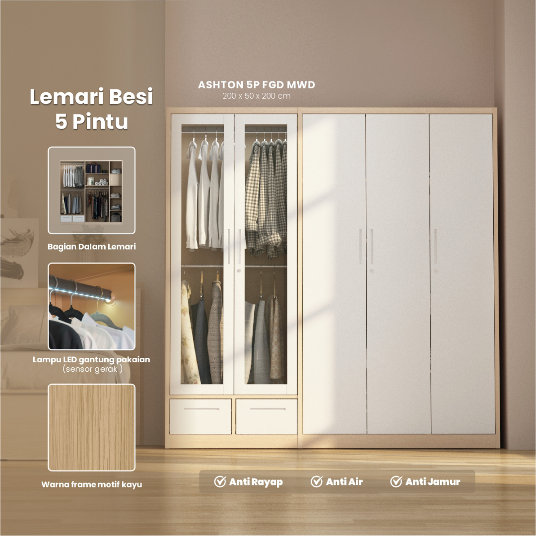 PIRA - ASHTON 5P FGD MWD LEMARI PAKAIAN BESI 5 PINTU DENGAN LACI DAN LED warna LIGHT ASH - WHITE - PIRA - foto 2