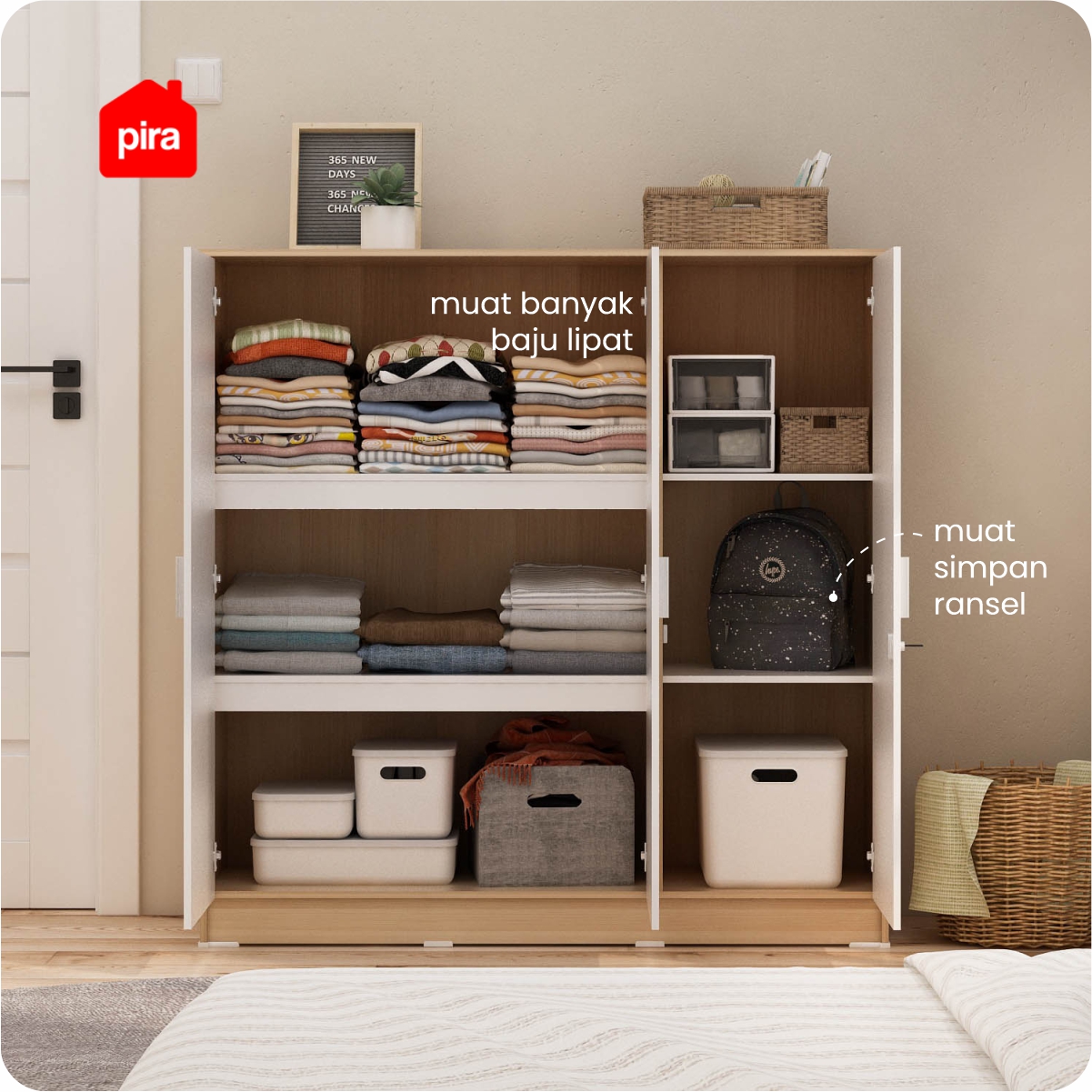 PIRA METROPOLIS OX - ARUNA BLS120 LEMARI PAKAIAN 3 PINTU FULL RAK warna PRO OAK - WHITE - PIRA METROPOLIS OX - foto 4