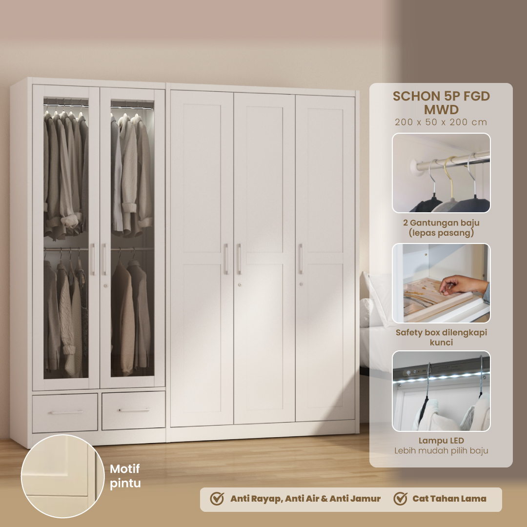 PIRA - SCHON 5P FGD MWD LEMARI PAKAIAN BESI 5 PINTU DENGAN LACI DAN LED warna WHITE - PIRA - foto 1