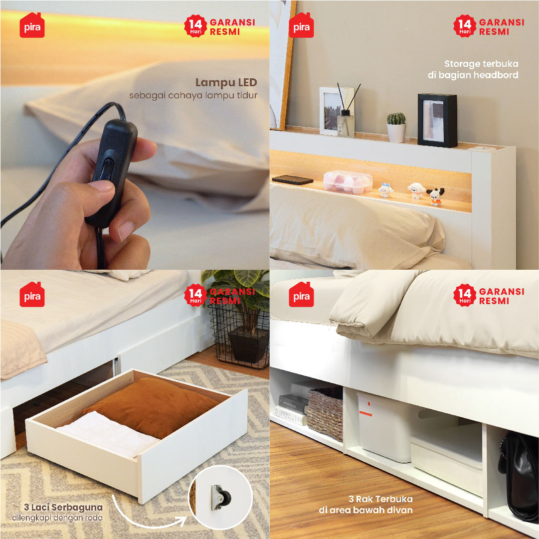 PIRA - SAMARA AVA BD180 DIPAN / RANJANG / TEMPAT TIDUR DENGAN LACI PENYIMPANAN DAN LED warna WHITE - PRO OAK - PIRA - foto 6