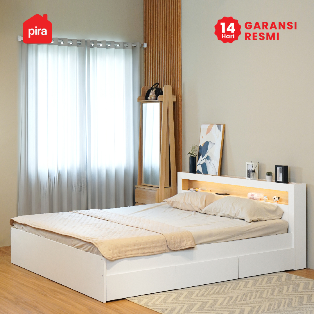 PIRA - SAMARA AVA BD180 DIPAN / RANJANG / TEMPAT TIDUR DENGAN LACI PENYIMPANAN DAN LED warna WHITE - PRO OAK - PIRA - foto 3