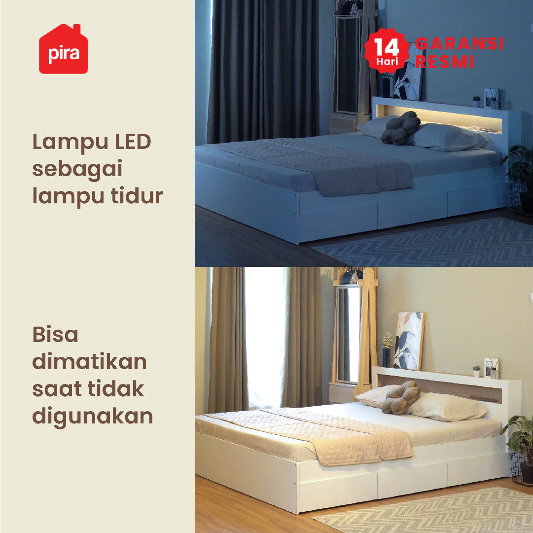 PIRA - SAMARA AVA BD180 DIPAN / RANJANG / TEMPAT TIDUR DENGAN LACI PENYIMPANAN DAN LED warna WHITE - PRO OAK - PIRA - foto 4
