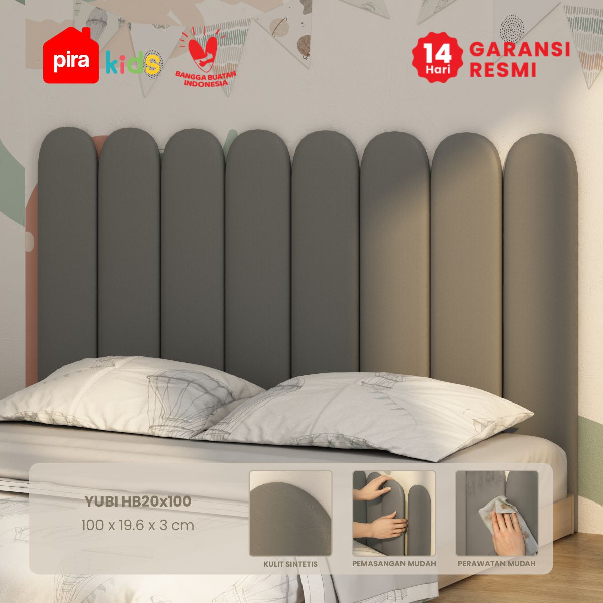 PIRA KIDS - YUBI HB20X100 HEADBOARD KASUR / WALL PANEL 3D / WALLPAPER FOAM 3D / SANDARAN BERMAIN ANAK 1 PCS warna DARK GREY - PIRA KIDS - foto 1