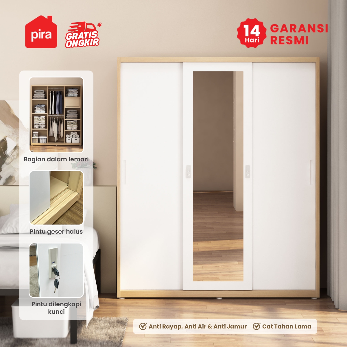 PIRA -  ASHTON 160 MWDSL LEMARI PAKAIAN BESI SLIDING / PINTU GESER warna LIGHT ASH - WHITE - PIRA - foto 2