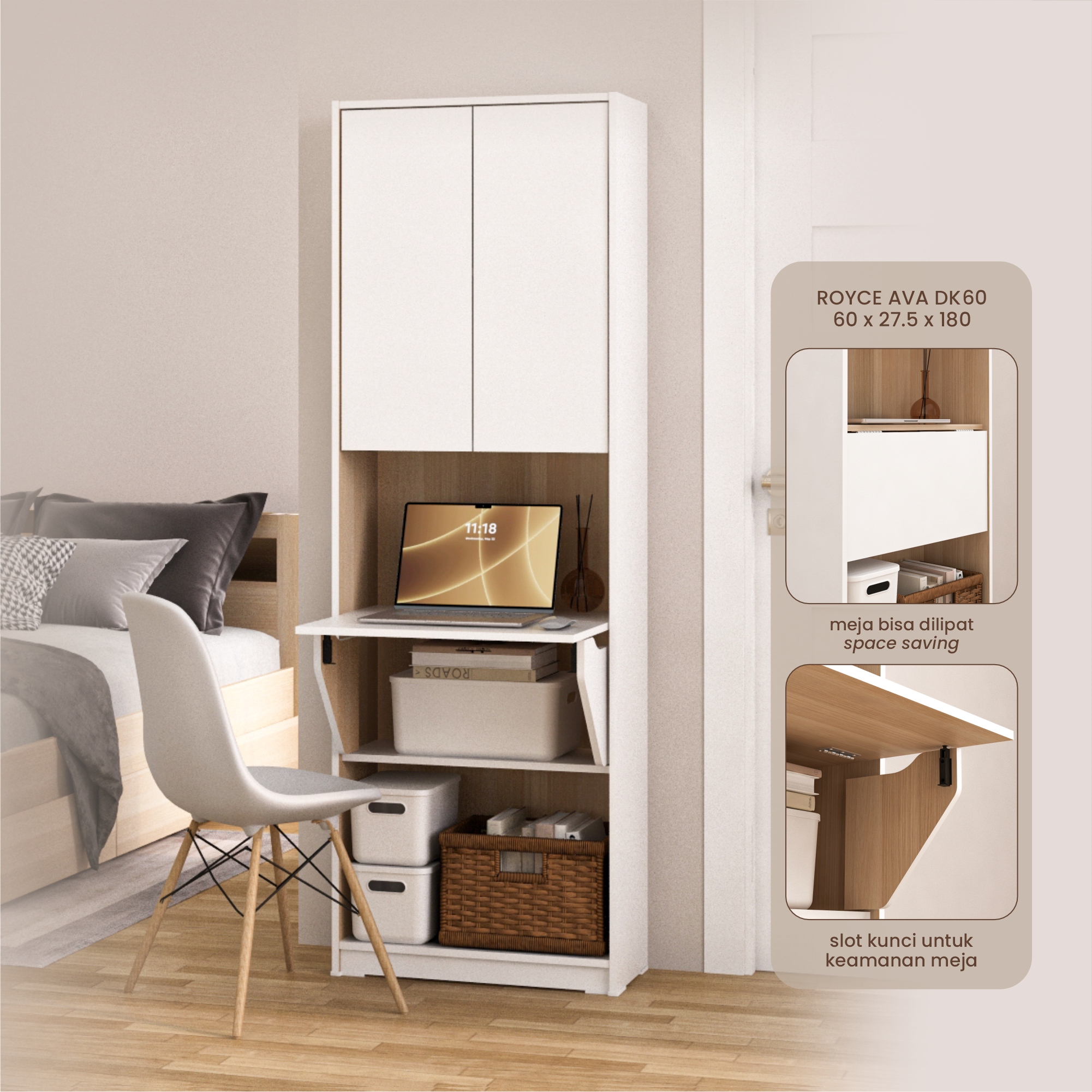PIRA WORK - ROYCE AVA DK60 MEJA BELAJAR / MEJA KERJA LIPAT / RAK BUKU warna WHITE SM - PRO OAK - PIRA - foto 1