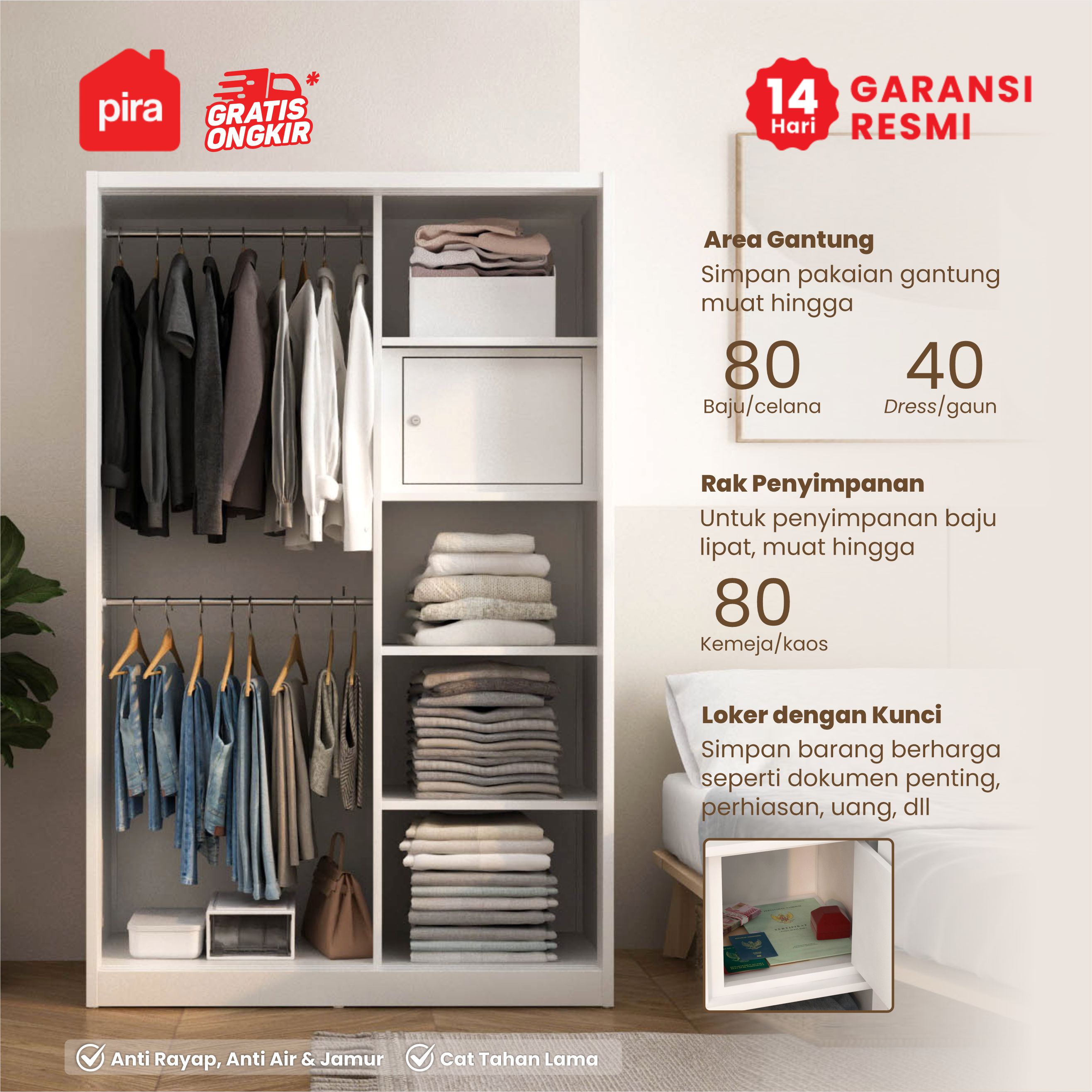 PIRA - SAXON AVA 120 MWDSL LEMARI PAKAIAN BESI SLIDING / PINTU GESER warna WHITE - PIRA - foto 3