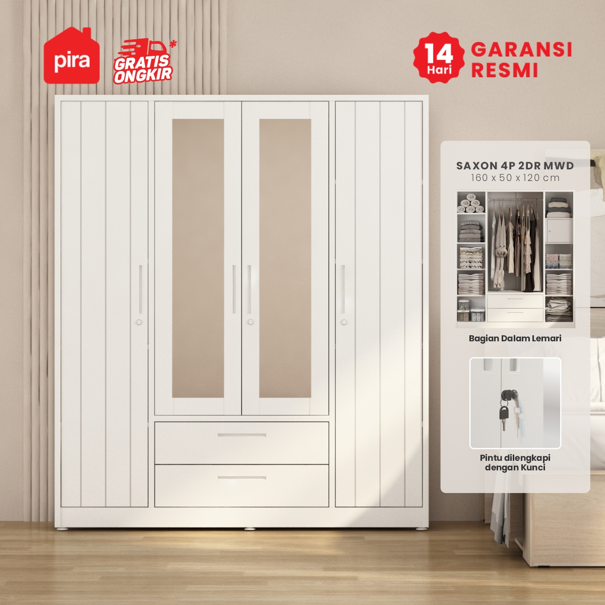 PIRA -  SAXON 4P 2DR MWD LEMARI PAKAIAN BESI 4 PINTU DENGAN CERMIN DAN 2 LACI warna WHITE - PIRA - foto 2
