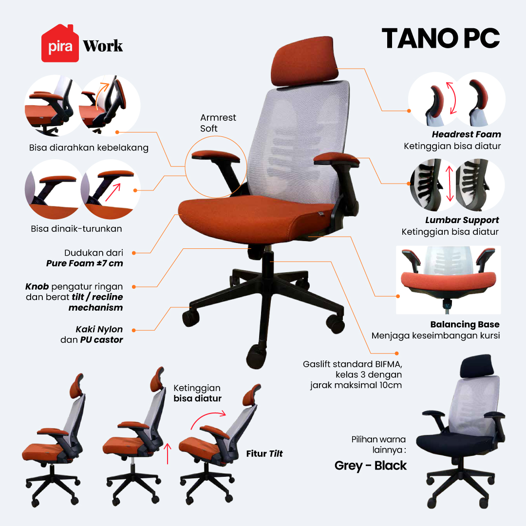 WORKDESIGN - TANO PC PR KURSI KANTOR / KURSI KERJA ERGONOMIS DENGAN LUMBAR SUPPORT warna BLACK - WORKDESIGN - foto 2