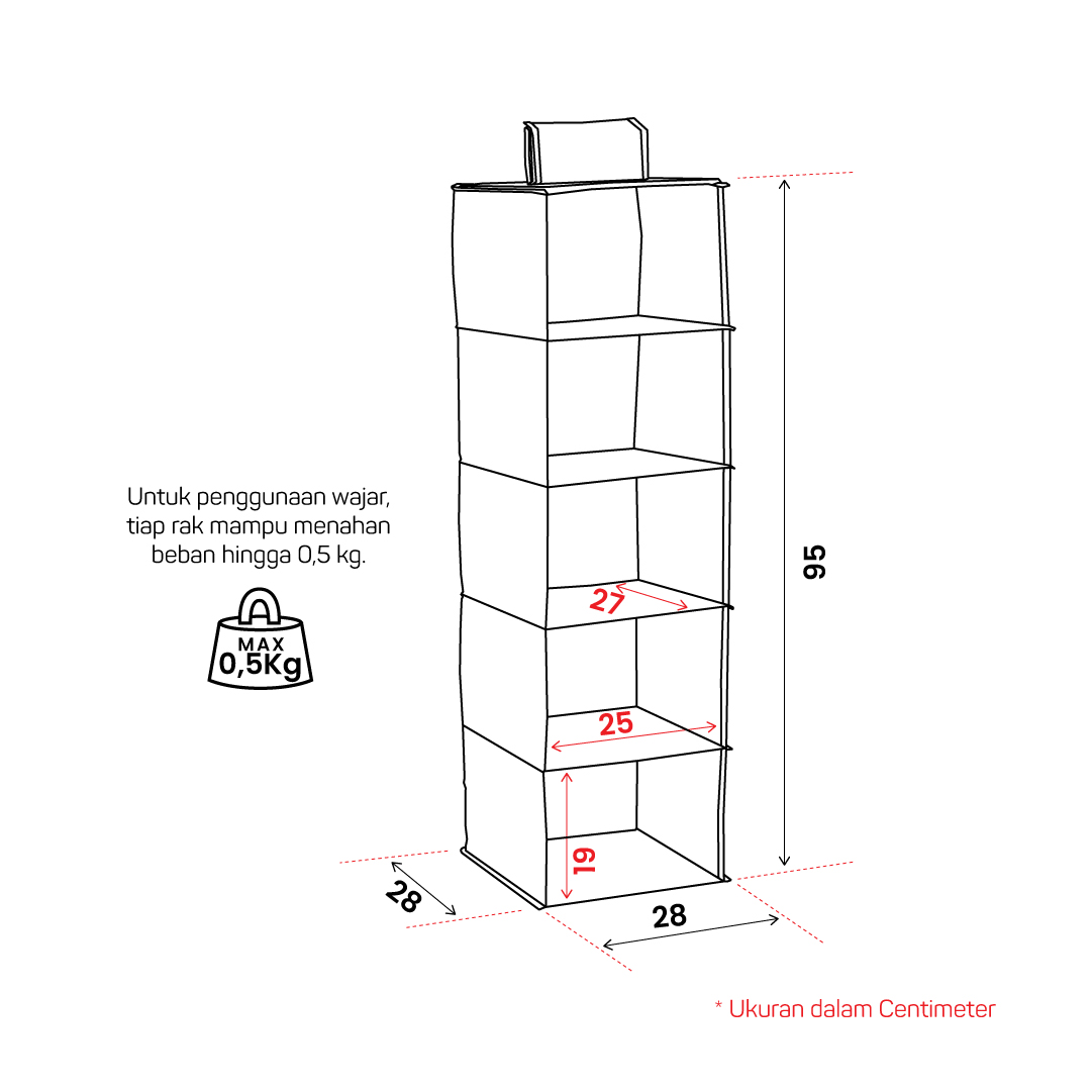 Panduan ukuran PIRA HOME -  YORI CR 5 RAK PAKAIAN GANTUNG / RAK ORGANIZER LEMARI GANTUNG warna DARK GREY - PIRA HOME