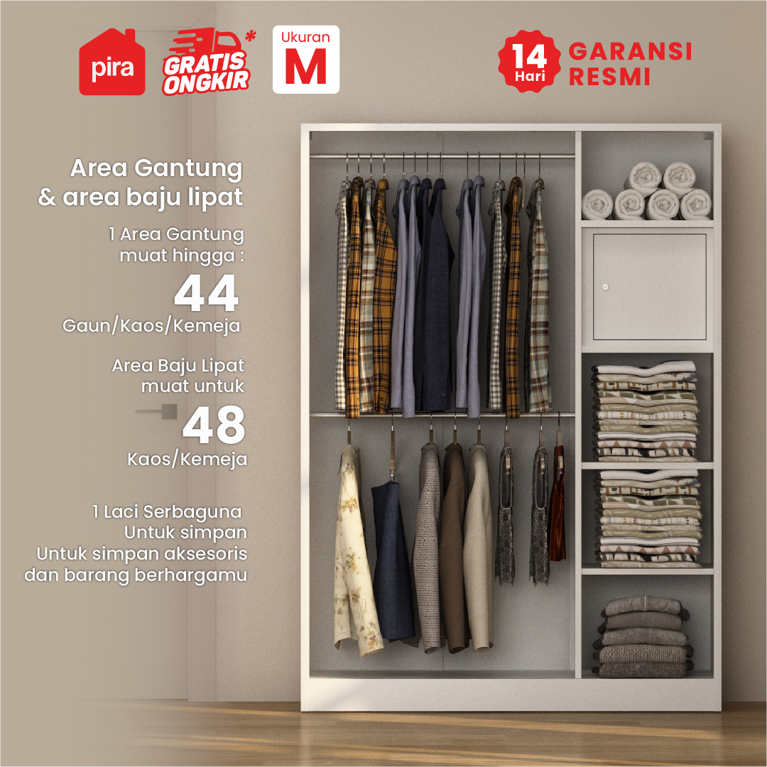 PIRA - LINIO 3P MR MWD LEMARI PAKAIAN BESI 3 PINTU SWING DENGAN CERMIN warna WHITE - PIRA - foto 2