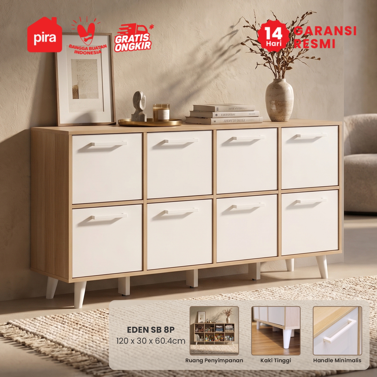 PIRA METROPOLIS - EDEN SB8P MEJA TV / BUFET / KABINET / RAK SERBAGUNA / LEMARI PAKAIAN warna PRO OAK - WHITE - PIRA METROPOLIS - foto 1