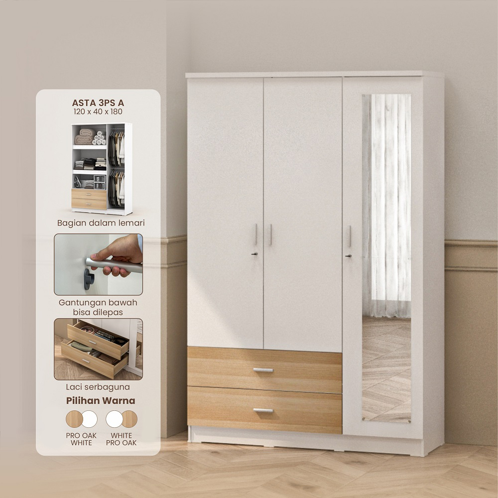 PIRA METROPOLIS OX - ASTA 3PS A LEMARI PAKAIAN 3 PINTU DENGAN 2 LACI / LEMARI BAJU warna WHITE - PRO OAK - PIRA METROPOLIS - foto 1