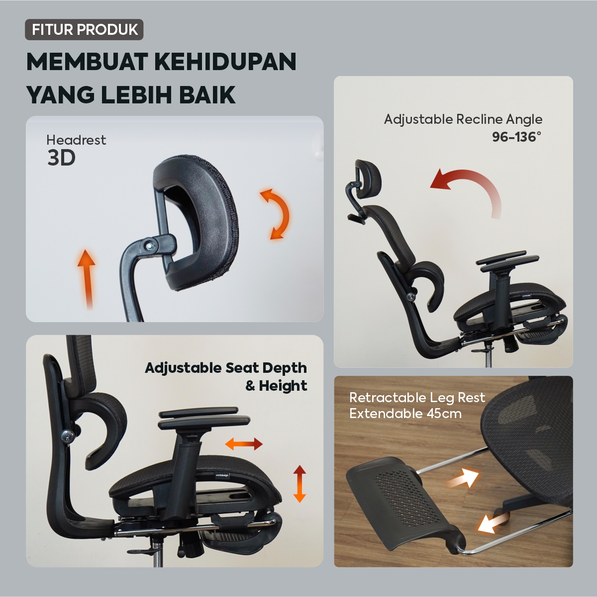 WORKDESIGN - LANDO PC KURSI KANTOR / KURSI KERJA / KURSI GAMING / KURSI ERGONOMIS DENGAN LUMBAR SUPPORT warna BLACK - WORKDESIGN - foto 2