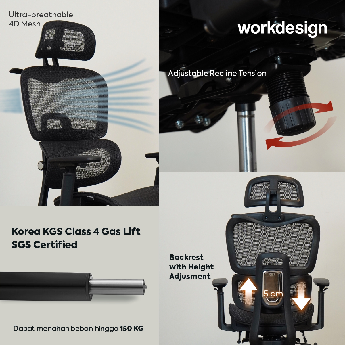 WORKDESIGN - LANDO PC KURSI KANTOR / KURSI KERJA / KURSI GAMING / KURSI ERGONOMIS DENGAN LUMBAR SUPPORT warna BLACK - WORKDESIGN - foto 3