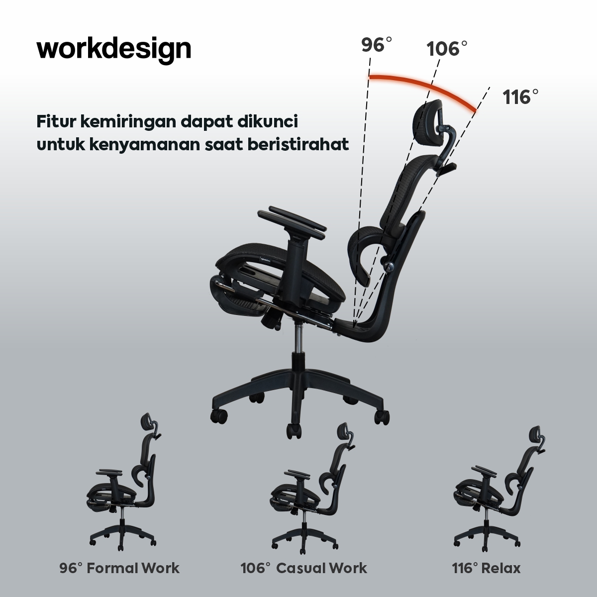 WORKDESIGN - LANDO PC KURSI KANTOR / KURSI KERJA / KURSI GAMING / KURSI ERGONOMIS DENGAN LUMBAR SUPPORT warna BLACK - WORKDESIGN - foto 4